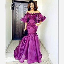 Dark Purple Juliet Short Sleeves Mermaid Mother Of The Bride Dresses 2020 Embroidery Beaded Crystal Draped Elegant Women Formal Evening Gown