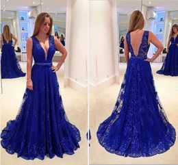 2019 Royal Blue Lace Evening Dress Prom Dresses Beaded Sashes Deep V-neck Cap Sleeve A-line Prom Dress Formal Dress Custom Made Party