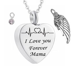 ' I love you Forever' Heart cremation Memorial ashes urn birthstone necklace jewelry Angel wings keepsake pendant for mama