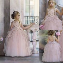 2020 Pink Flower Girls Dresses Jewel Sleeveless Applique Sequins Girls Pageant Dress Ruffle Tiered Tulle Girls Party Gown