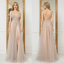 Glitter A-line Evening Dresses Appliqued Lace Sequins Sexy Sleeveless V-neck Prom Dress High-split Illusion Sweep Train Party Gown