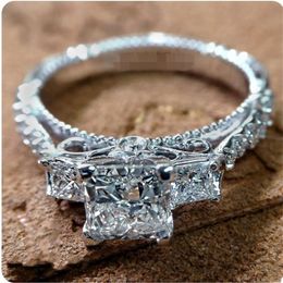 Luxury Jewelry Handmade Real 925 Sterling Silver Three Stone Princess Cut White Topaz CZ Diamond Gemstones Eternity Women Wedding Band Ring