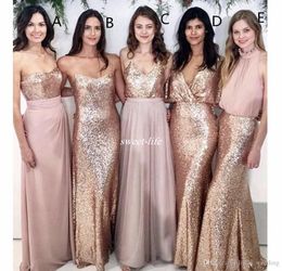 2019 Blush Pink Bridesmaid Dress With Rose Gold Sequin Long Country Garden Formal Party Guest Maid of Honor Gown Plus Size Custom Made