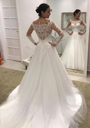 Vintage A-line Princess Wedding Dresses With Sheer Scalloped Neck Full Long Sleeve Court Train Tulle Lace Plus Size Cheap Bridal Gowns