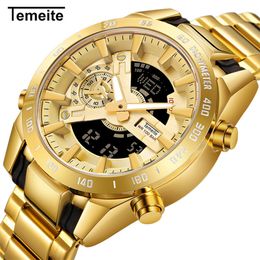 Temeite Brand Gold Mens Quartz Watches Sport Digital Watch Men LED Dual Display Wristwatch Waterproof Luminous Relogio Masculino