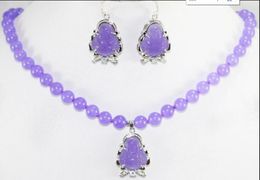 Necklace charm Jew.657 Fashion 17 Inch 10mm Purple Jade Necklace Buddha Pendant Earrings Jewelry Set Natural jewelr