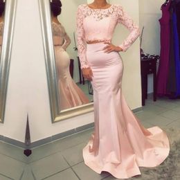 Pink Two Piece Prom Dresses Long Sleeves Lace Mermaid Satin Sweep Train Custom Made Celebrity Party Gown Formal Evening Wear