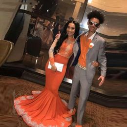 Orange Mermaid Long Sleeves Prom Dresses Beaded Jewel Neck Formal Dress Sweep Train Satin Plus Size Appliqued Evening Gowns