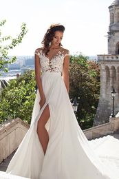 2019 Sexy Illusion Cap Sleeves Lace Top Chiffon A Line Wedding Dresses Tulle Lace Applique Split Summer Beach Bridal Gown With Buttons 466