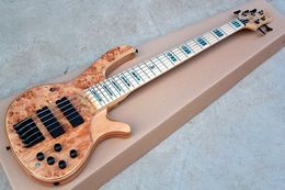 Factory Wood Colour 5 Strings Electric Bass Guitar with Tree-burl Veneer,Maple Fretboard,Black Hardwares,offering Customised services