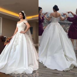 2020 Luxury Wedding Dresses Full Beaded Arabic Dubai Off Shoulder Pearls Satin Plus Size Bridal Gowns Vestido De Noiva