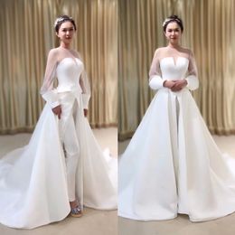 Stunning Front Split Wedding Dresses With Pants Sheer Jewel Neck Long Sleeves Bridal Gowns A Line Satin robe de mariée