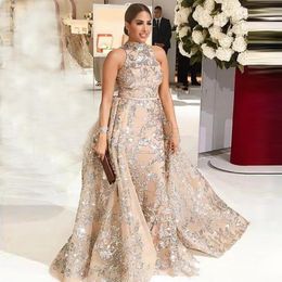 2020 Sexy Silver Sequins Bling Mermaid Prom Dresses High Neck Sequined Lace Long Sweep Overskirt Detachable Train Party Evening Gowns Wear
