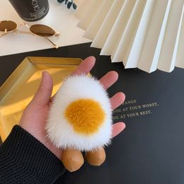 Cute Real Genuine Fur Egg Flower Fur Ball Pompom Bag Charm Keychain Pendant Keyring Tassels