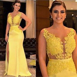 Yellow O-Neck Elastic Satin Mermaid Evening Dress Applique Prom Party Gown Thigh-High Slits Illusion Beaded