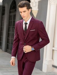 Fashion Burgundy Groom Tuxedos Notch Lapel Groomsmen Mens Wedding Dress Excellent Man Jacket Blazer 3 Piece Suit(Jacket+Pants+Vest+Tie) 199