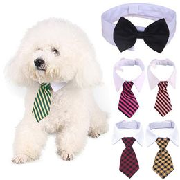 Dog Grooming Cat Striped Bow Tie Animal Striped Bowtie Collar Pet Adjustable Neck Tie White Collar Dog Necktie For Party Wedding XD23255