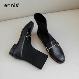 Hot Sale-ENNIS 2019 Designer Genuine Leather Boots Women Flat Knitted Boots Autumn Shoes Round Toe Stretch With Metal Chain A9157