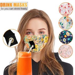 Drink Face Mask 5 Styles Adults Washable Dustproof Drinking Straw Masks Reusable Protective Earloop Face Cover OOA8187
