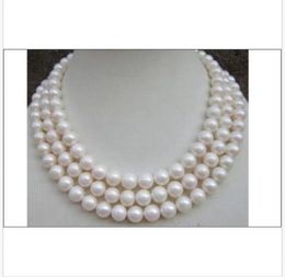 triple strand 9-10mm round natural south sea white pearl necklace 14K 18-20inch