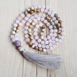 Yoga Mala Beads 108 Necklace 8mm Picture J-asper And Rose Q-uartz Knotted Necklace Handmade Tassel Necklaces Yoga Jeweley Gift