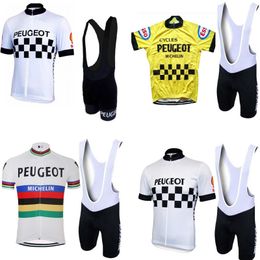 Molteni Peugeot Yeni Adam Beyaz / Sarı Vintage Bisiklet Jersey Set Kısa Kollu Bisiklet Giysileri Binicilik Giysileri Takım Bisiklet Giyim Şort Jel Pad