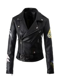 Women's Pu Leather Jackets Graffiti Punk Motorcycle Biker Adjustable Waist Rivet Zip Spliced Slim Woman's Faux Fur Short Coats WP015