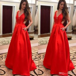 Cheap Simple Red A Line Prom Dresses Deep V Neck Backless Floor Length Pleats Formal Dress Evening Gowns Ballkleider ogstuff Abendkleider