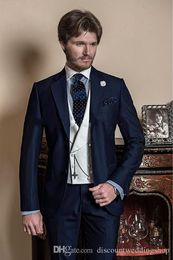 New Fashionable Groom Tuxedos Navy Blue Notch Lapel Men Wedding Dress Mens Blazer Dinner Party Business Suits (Jacket+Pants+Vest+Tie) J763