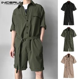 INCERUN 2019 Men Jumpsuit Romper Half Sleeve Belt Pockets Streetwear Casual Pants Men Cargo Overalls Playsuit Harajuku Plus Size LY191203