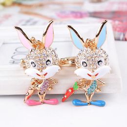 Metal Key Ring Chain Super Cute Bunny Keychains Pink Blue Enamel Rhinestone Animal Pendant Gold Color Creative Children Jewelry