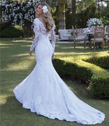Sexy Wedding Dress Mermaid Long Sleeve Lace Pearls Appliques Gorgesous 2020 New Design Bride Dresses Custom Made
