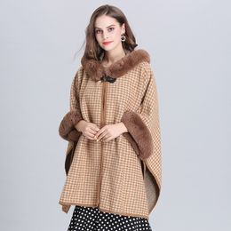 New Autumn Winter Women's Loose Hooded Poncho Faux Fur Collar Cuff Cardigan Shawl Cape Cloak Poncho Outwear Coat C4983