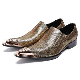 Toe Man Pointed Formal Dress Loafers male paty prom shoes Genuine Leather Metal Tipped Glitter Men s Banquet Party Shoes e Sho