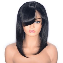 Brazilian Straight Lace Front Wigs with Bangs 10 inch Pre Plucked Short Human Hair Wig Natural Color