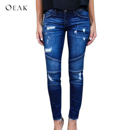 Oeak 2018 New Women's Motorcycle Biker Zipper Jeans Hole Ripped Stretch Skinny Denim Pencil Pants Female Slim Fit Trousers Jeans J190426