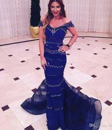 Indian Dark Royal Blue Evening Dresses Long Off Shoulder Beading Women Formal prom Gowns Mermaid formal Party Dress vestido indiano