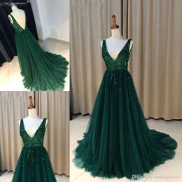 Sexy New Design V-neck A-line Long Sequined Beaded Zipper Back Formal Evening Gowns Prom Dresses Vestido De Noche