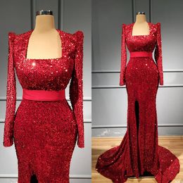 2020 Arabic Aso Ebi Red Sparkly Mermaid Evening Dresses Long Sleeves Sequined Prom Dresses Cheap Formal Party Second Reception Gowns ZJ444