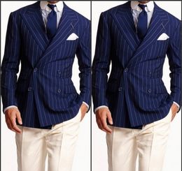 Blue Strips Groom Tuxedos Peak Lapel Men Wedding Tuxedo New Fashion Men Jacket Blazer Men Prom Dinner/Darty Suit(Jacket+Pants+Tie) 1513