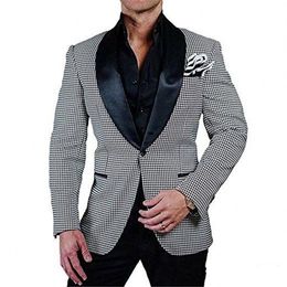 Fashion Houndstooth Groom Tuxedos Black Shawl Lapel Groomsmen Wedding Tuxedos Popular Men Formal Blazer Prom Jacket Suit(Jacket+Pants+Tie)32