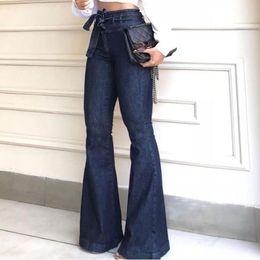 Длинные модные женские джинсы большого размера на шнуровке с высокой талией, эластичные тонкие сексуальные брюки-клеш, ткань #3