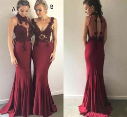 Burgundy Bridesmaid Dresses For Western Weddings High Neck Hollow Out Applique Lace Maid Of Honour Gowns Mermaid Evening Prom Vesti291P