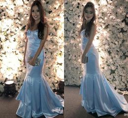 Light Sky Blue Mermaid Evening Dresses Sweetheart Satin Backless Pleats Floor Length Cheap Simple Formal Dress Special Occasion Party Gowns