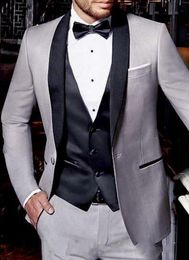 Grey Groom Tuxedos Black Shawl Lapel Men Wedding Tuxedos Excellent Men Business Dinner Prom Blazer 3 Piece Suit(Jacket+Pants+Tie+Vest) 1229