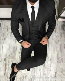 High Quality Two Buttons Black Groom Tuxedos Notch Lapel Groomsmen Mens Wedding/Prom/Dinner Best Man Blazer (Jacket+Pants+Vest+Tie) K80