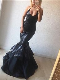 2020 Bling Bling black halter Tiered Mermaid Prom Dress sequined Hot Sexy Maxi Gowns for Charming Buxom Women Custom Made Celebrity Gown