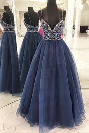 Colourful Embroidered Beading Prom Dresses Long Spaghetti Deep V-neck Crystal Sequin Tulle Draped Evening Dress Formal Gowns Sweet 16 Dress