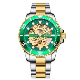 CHENXI Green Bezel Male Watch Analogue Dial Stainless Steel Strap Stainless Steel Folding Buckle Sports Business Wristwatch for Men