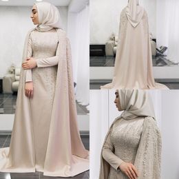 Modest New Arrival Evening Cappa High Neck Long Sleeve Beads Applique Formal Dresses Zipper Sweep Train Party Gowns